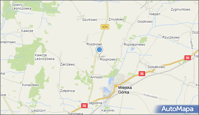 mapa Roszkówko, Roszkówko gmina Miejska Górka na mapie Targeo